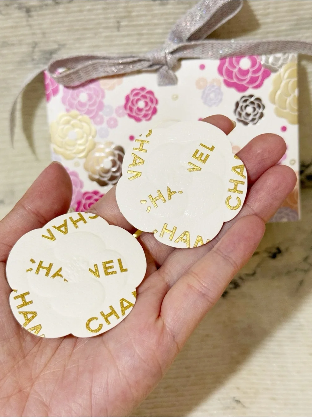 Chanel Beauty Pink Gold Camellia Floral Gift Bag with 2 Chanel Camellia Stickers